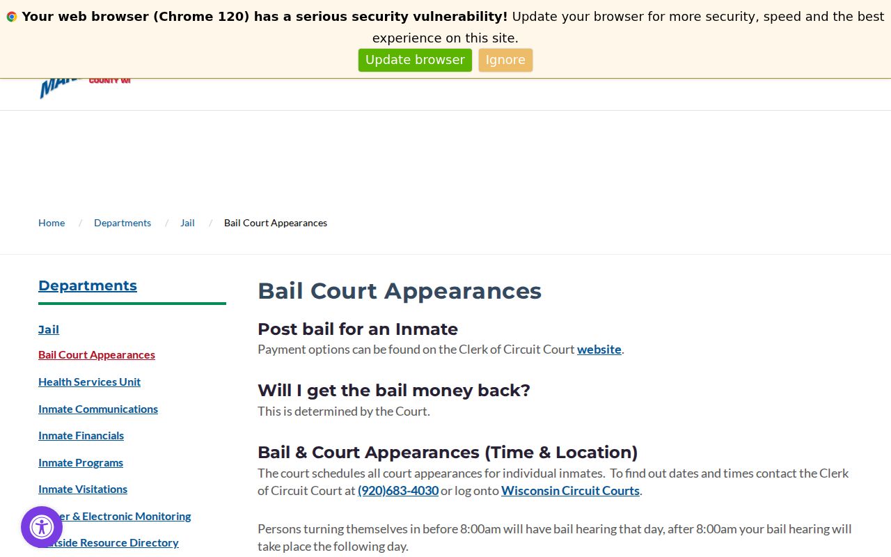 Manitowoc County arrest booking bail and court appearance schedule