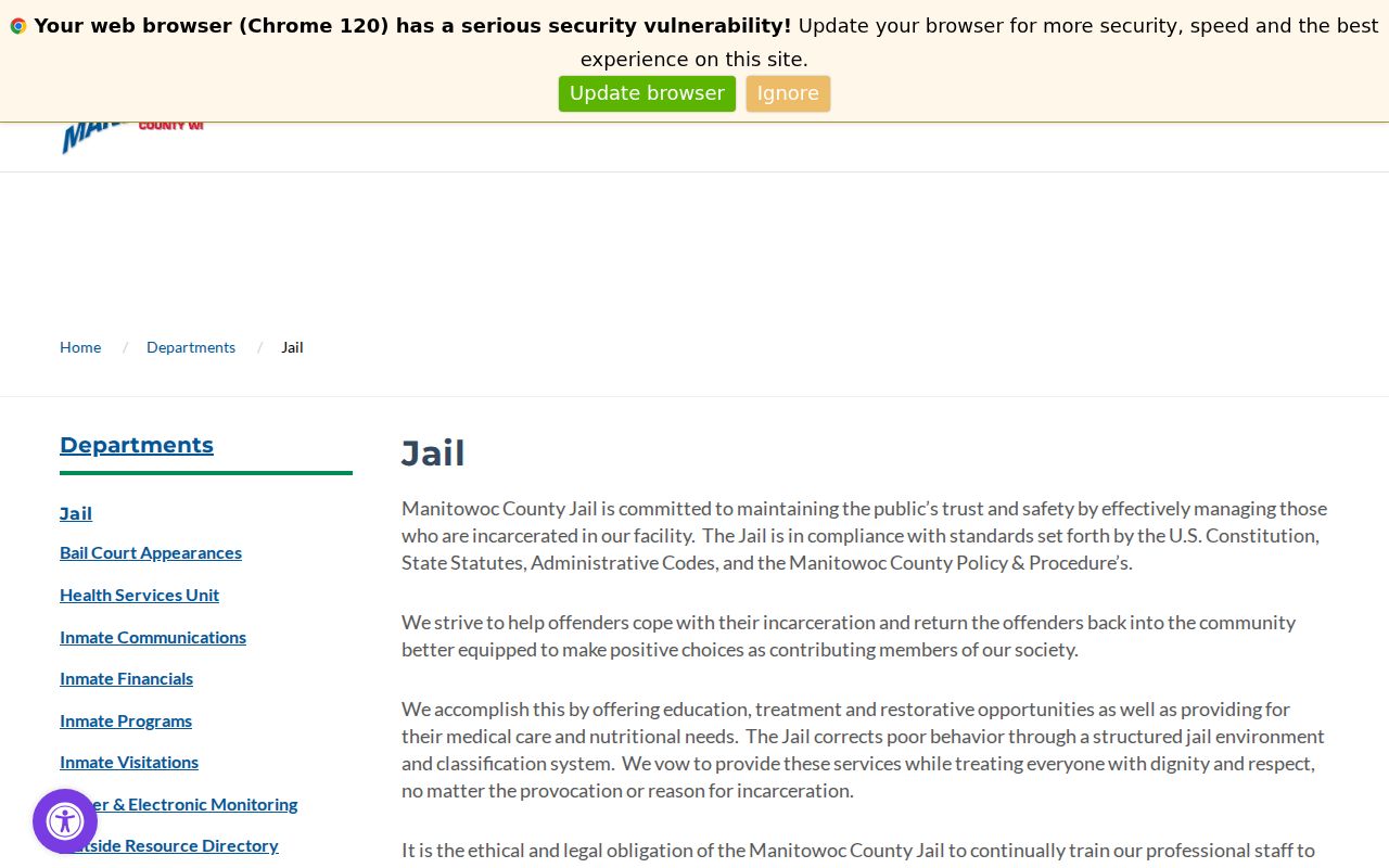 Manitowoc County Jail arrest booking and prisoner list page