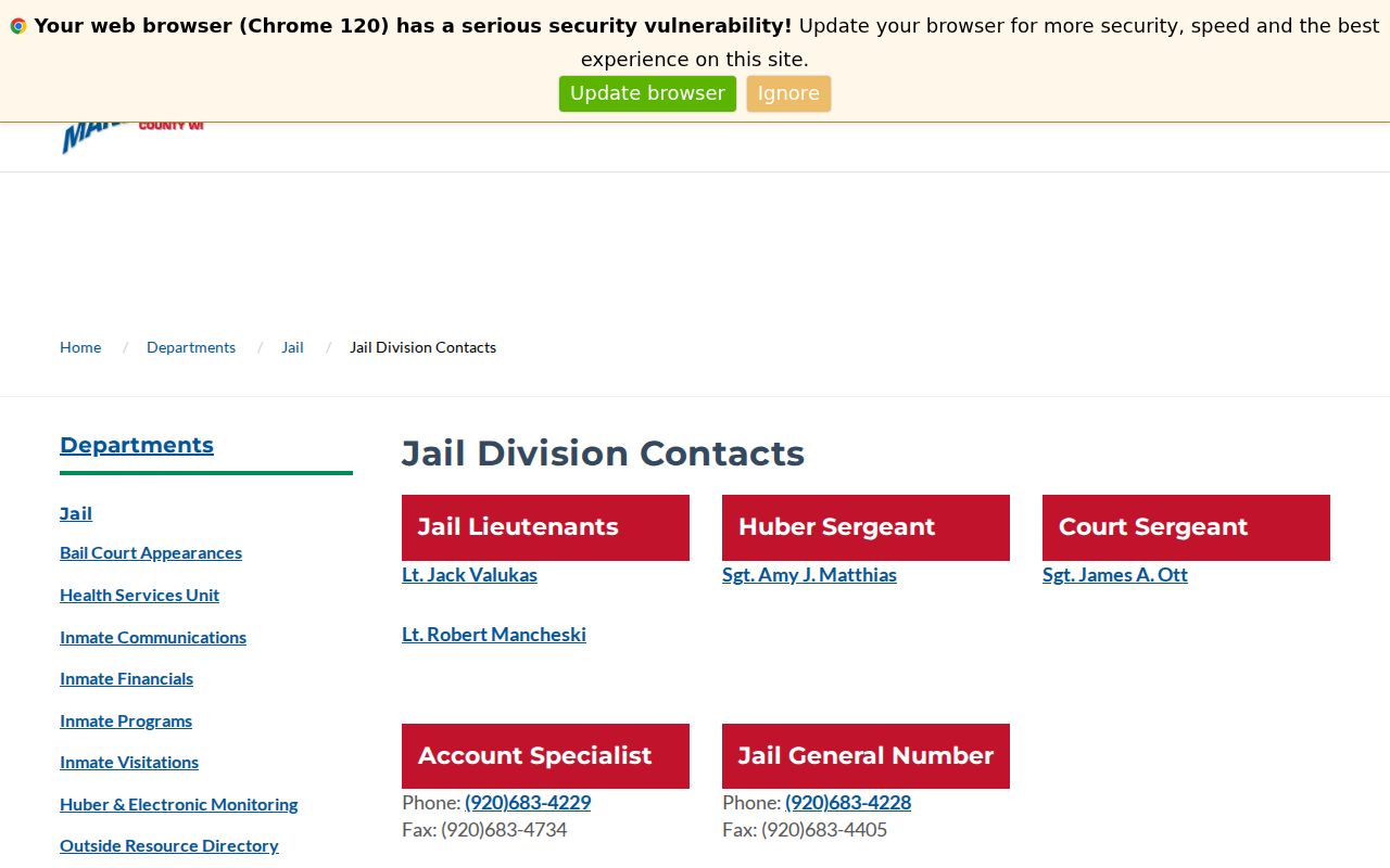 Manitowoc County jail arrest record phone and fax contacts