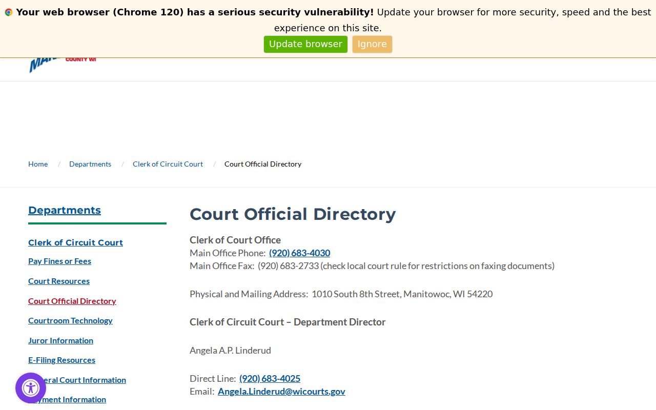 Manitowoc County criminal court clerk and four-branch directory
