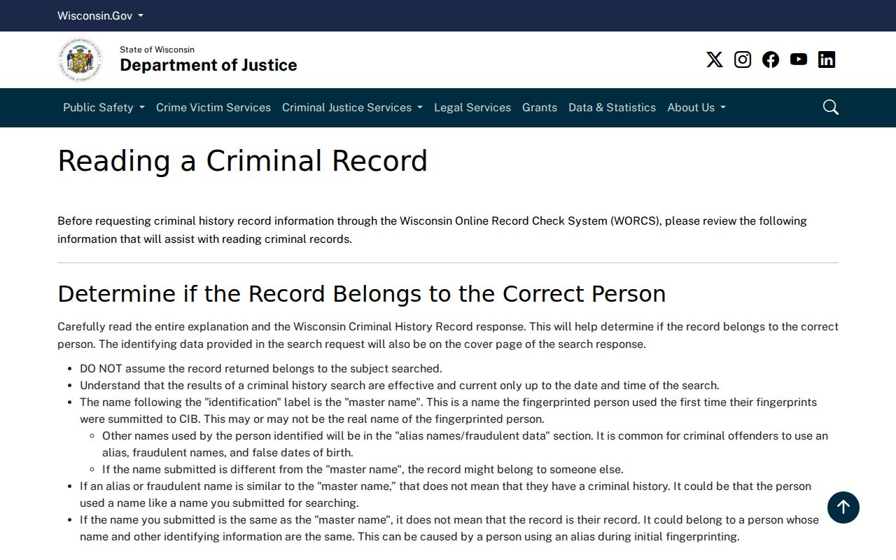 Wisconsin DOJ guidance for reading Manitowoc County criminal case outcomes