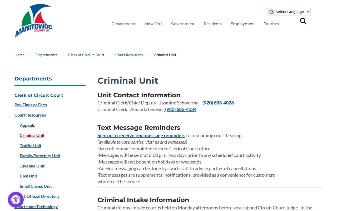 Manitowoc County criminal court intake and bail resources