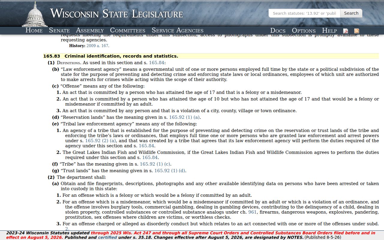 Wisconsin DOJ criminal identification law compared with Manitowoc County registry records