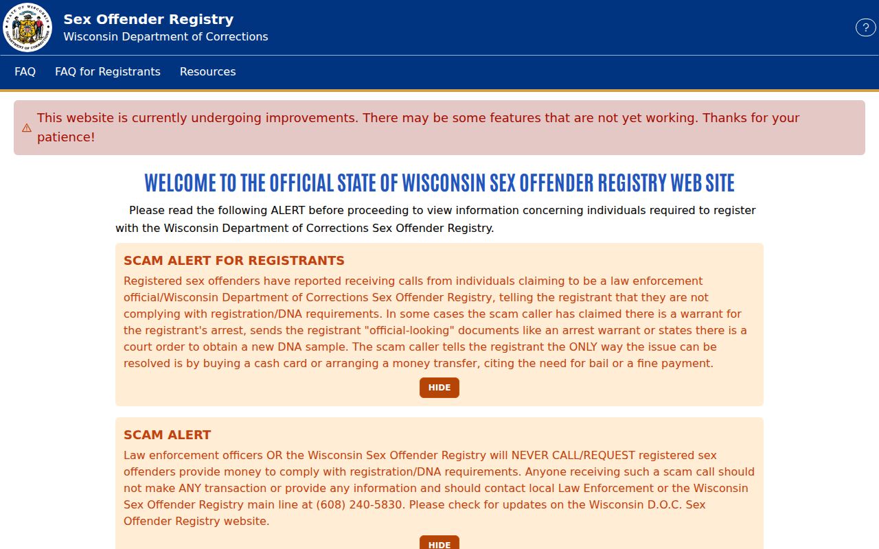 Wisconsin registry interface for a Manitowoc County sex offender check