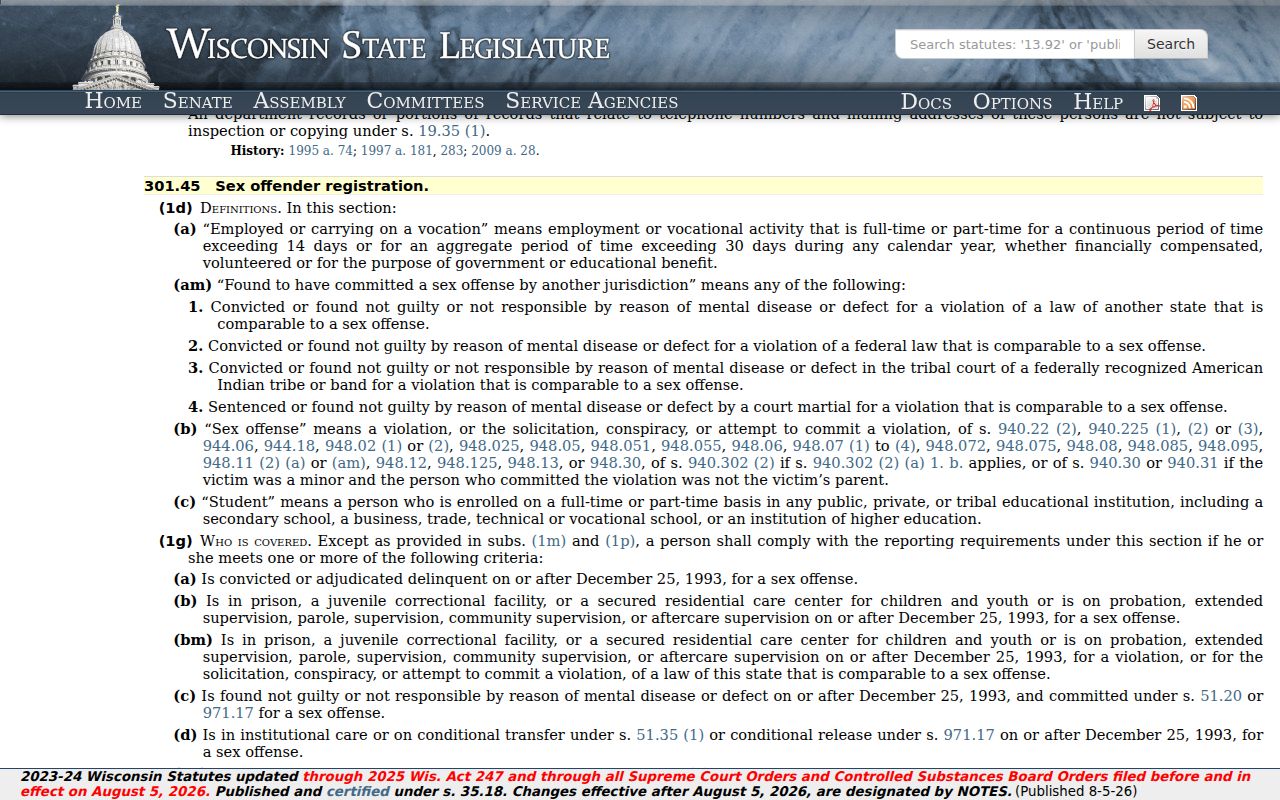 Manitowoc criminal records and Wisconsin sex offender registration statute