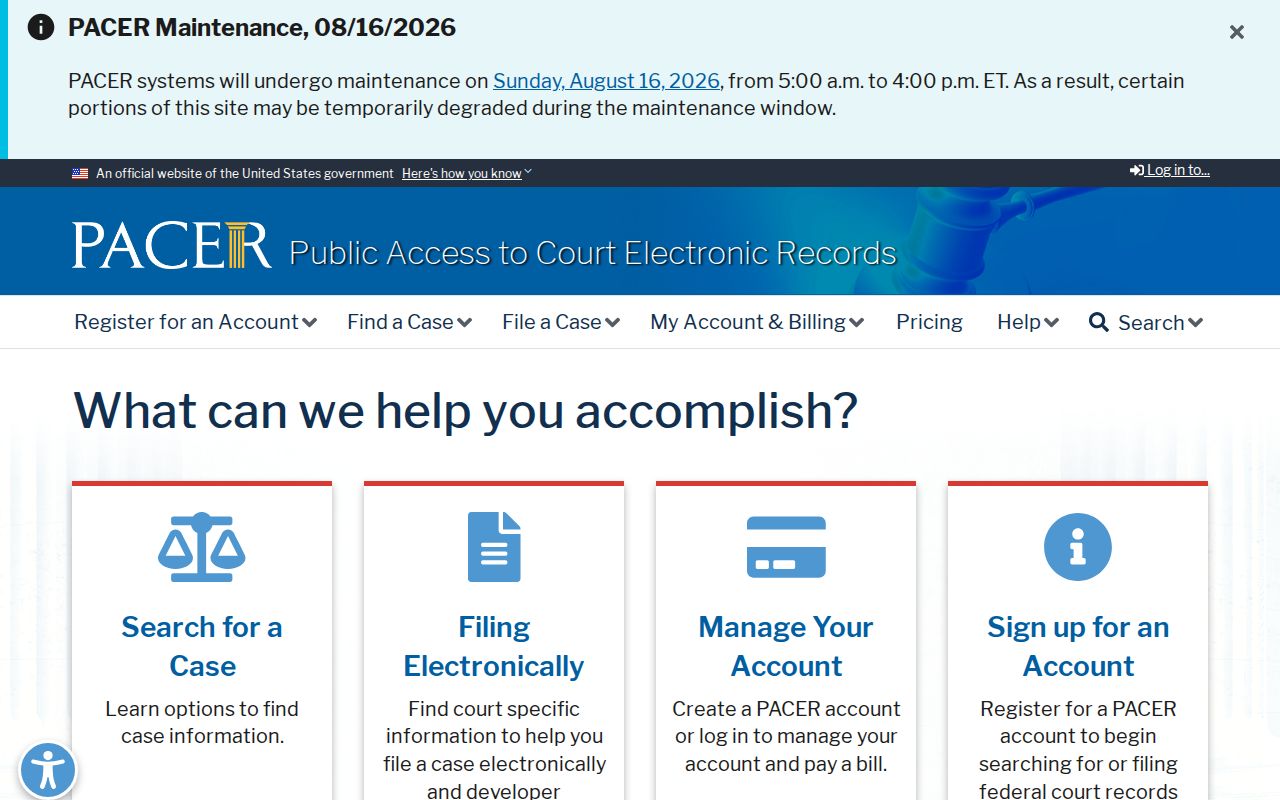 Two Rivers criminal records federal PACER account portal