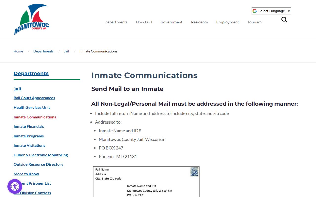 Kiel criminal records Manitowoc County inmate communication rules