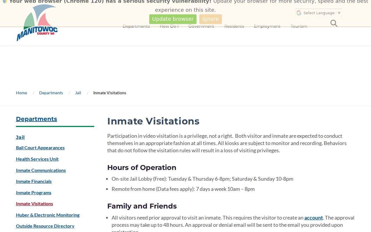 Kiel criminal records Manitowoc County jail visitation channel
