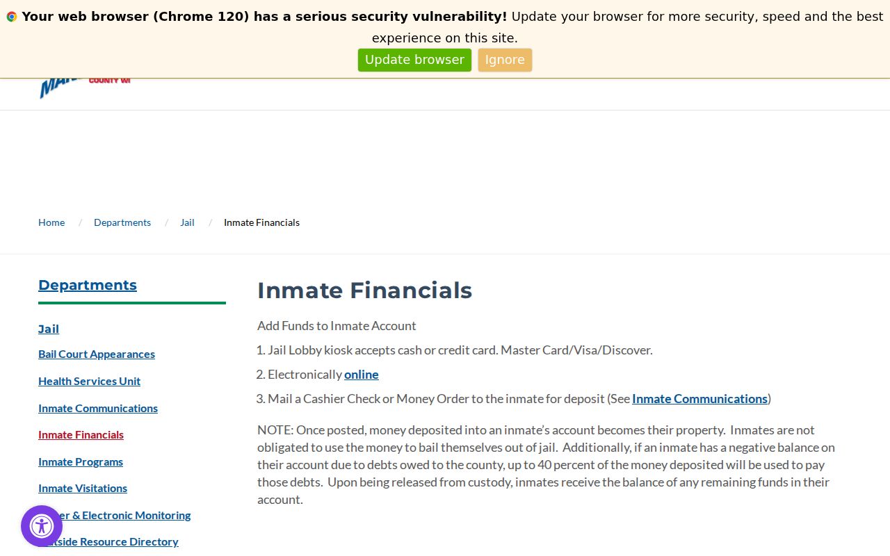 Kiel criminal history Manitowoc County inmate deposit methods