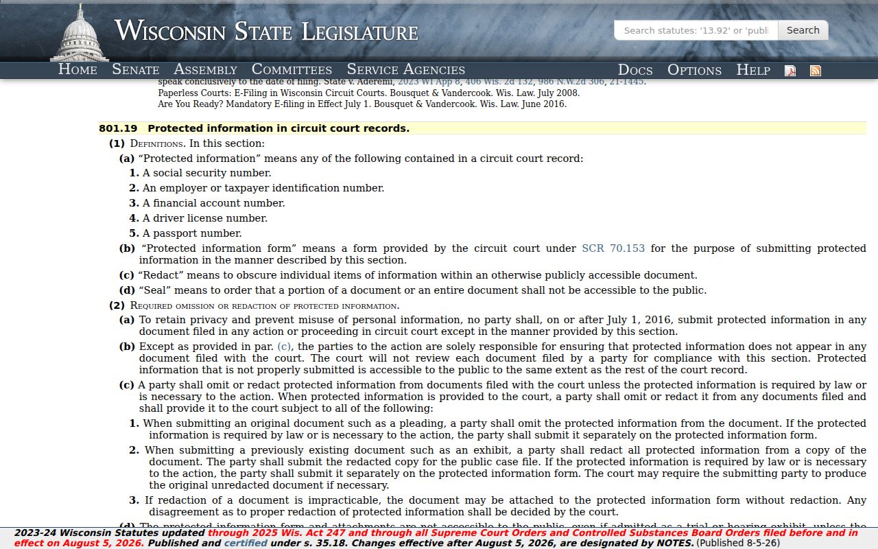 Wisconsin protected identifiers law for Manitowoc County criminal case records