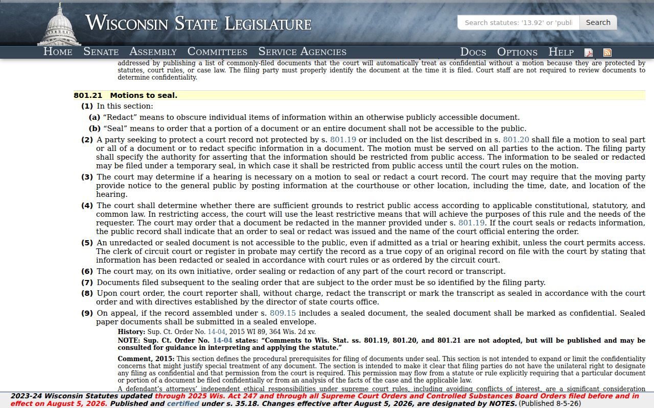 Wisconsin sealing procedure for Manitowoc County criminal court records